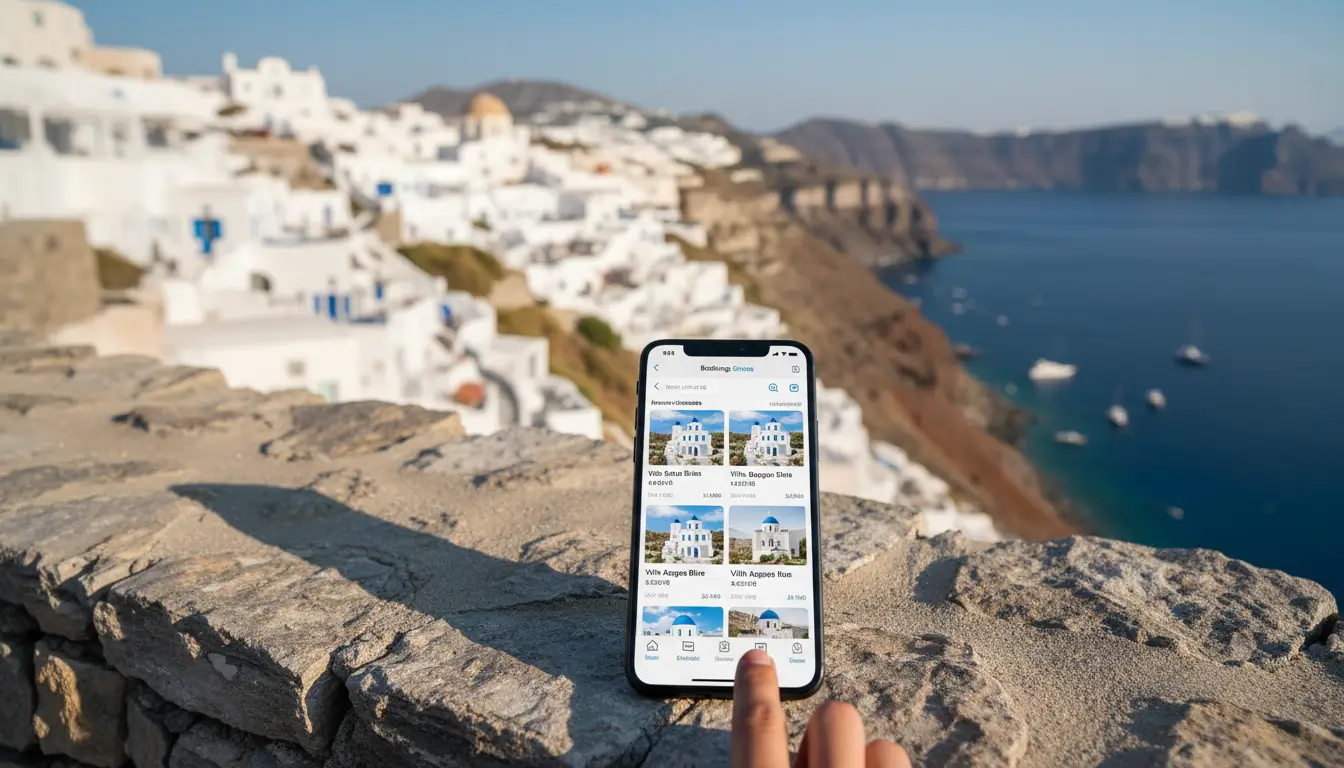 Een smartphone met een geopende booking-app voor accommodatie.