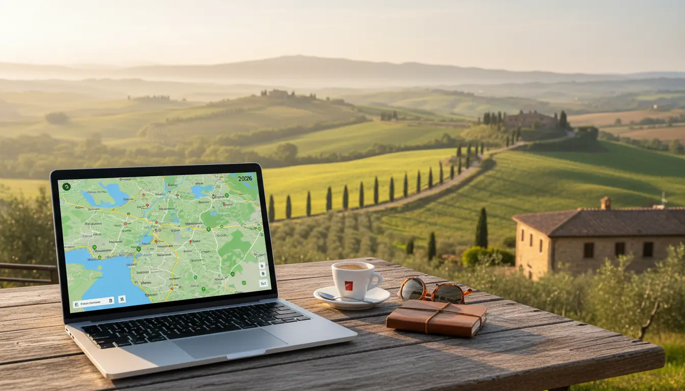 Een geopende laptop met een digitale kaart van Toscane op het scherm.