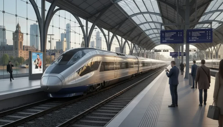 Een moderne hogesnelheidstrein (zoals een TGV of ICE) die een station nadert