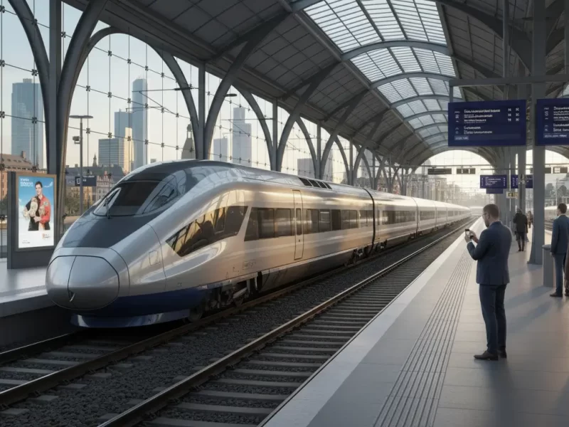 Een moderne hogesnelheidstrein (zoals een TGV of ICE) die een station nadert