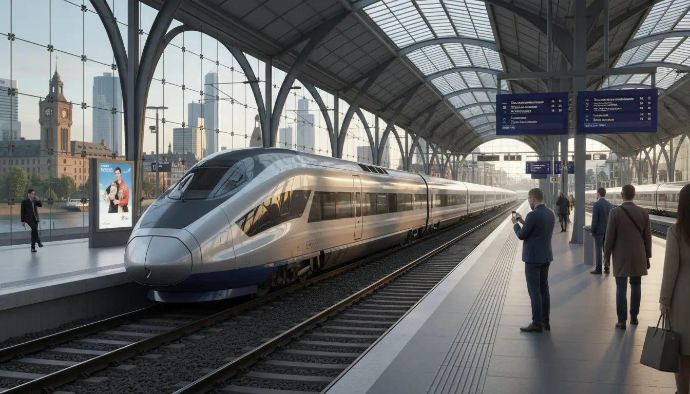 Een moderne hogesnelheidstrein (zoals een TGV of ICE) die een station nadert