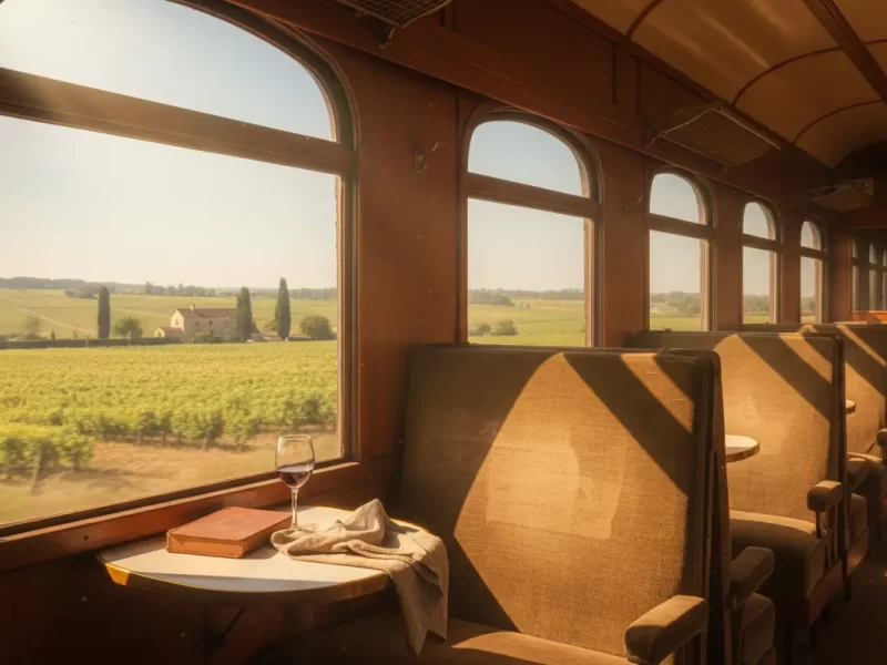 Een vintage treinwagon interieur met grote ramen