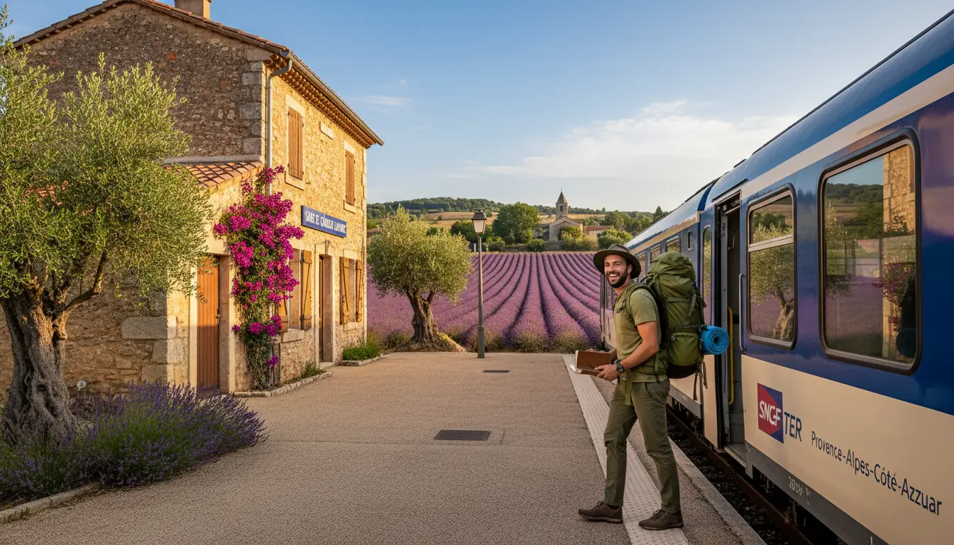 Backpacker stapt van een trein op perron.