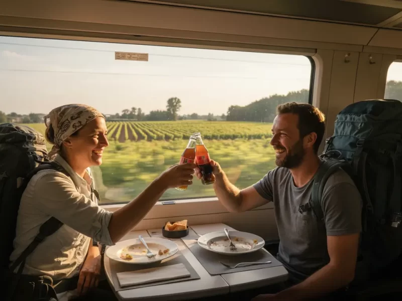 Twee lachende backpackers proosten met kleine flesjes drinken in een restauratiewagon.