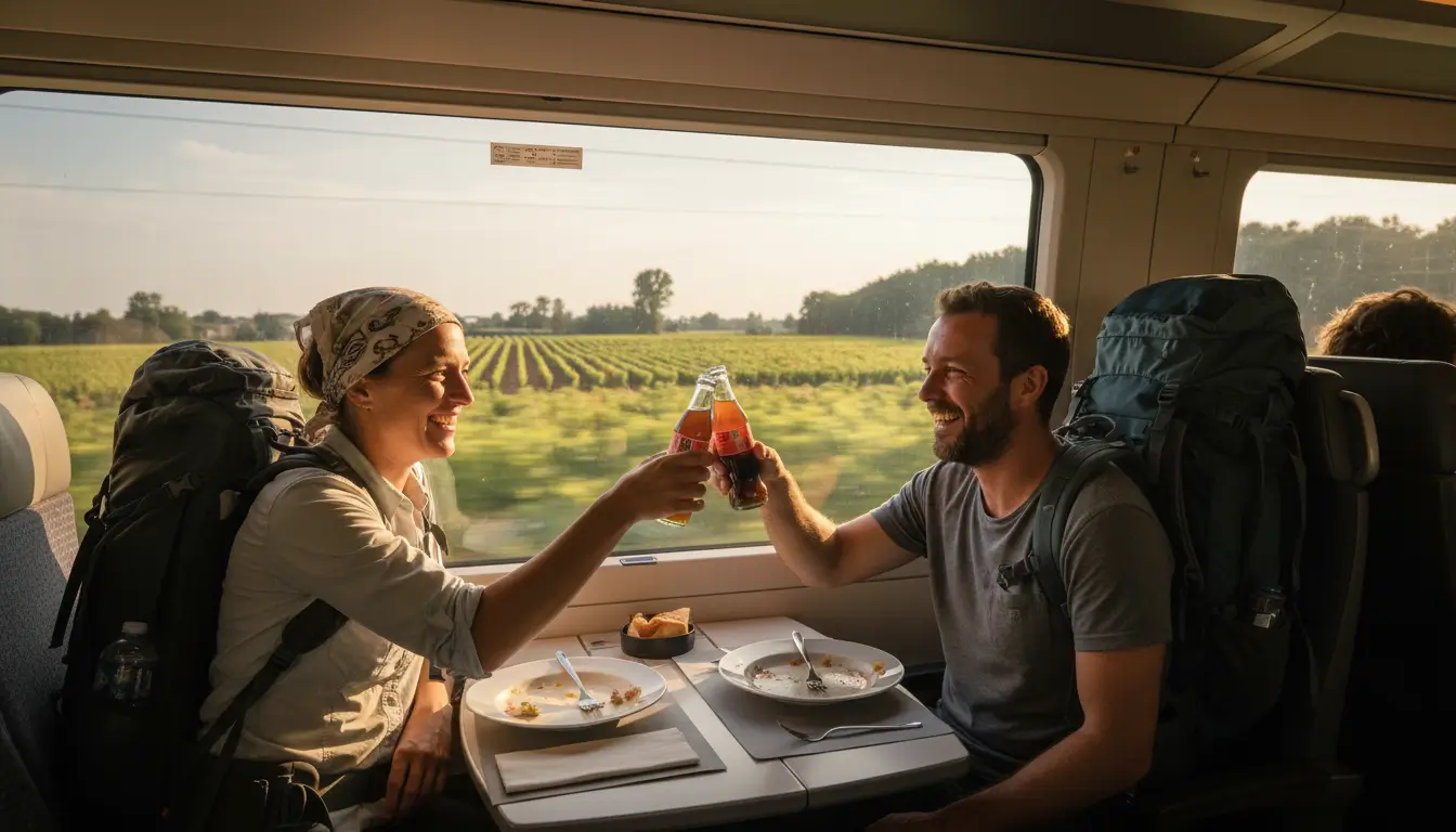 Twee lachende backpackers proosten met kleine flesjes drinken in een restauratiewagon.