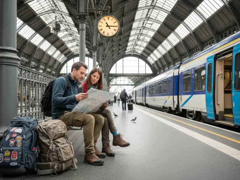 Twee backpackers bestuderen een papieren treinkaart en reisgids op een perron.