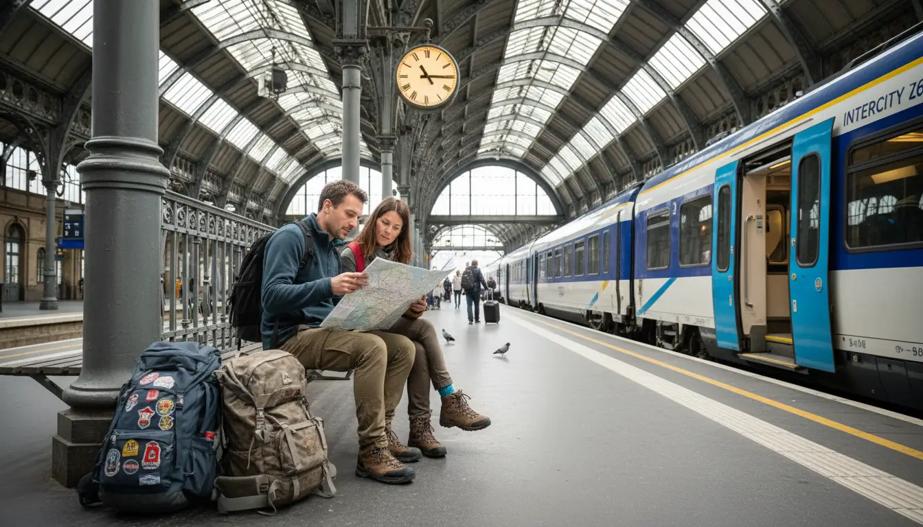 Twee backpackers bestuderen een papieren treinkaart en reisgids op een perron.