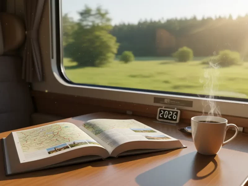 Een open reisgids van Midden-Europa die rust op een treintafel naast een kop koffie.