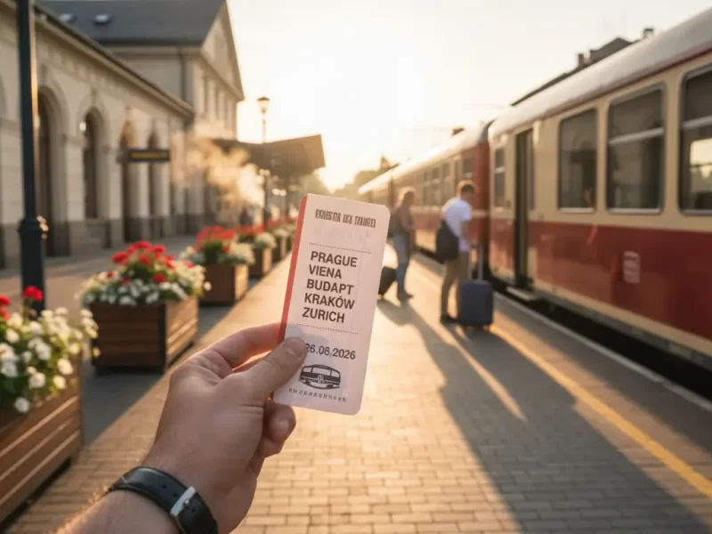 Een hand die een treinkaartje met bestemmingen in Centraal-Europa vasthoudt.