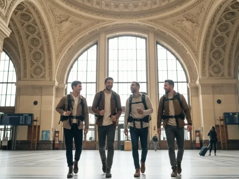 Een groepje vrienden dat met rugzakken lachend een historisch treinstation binnenloopt.