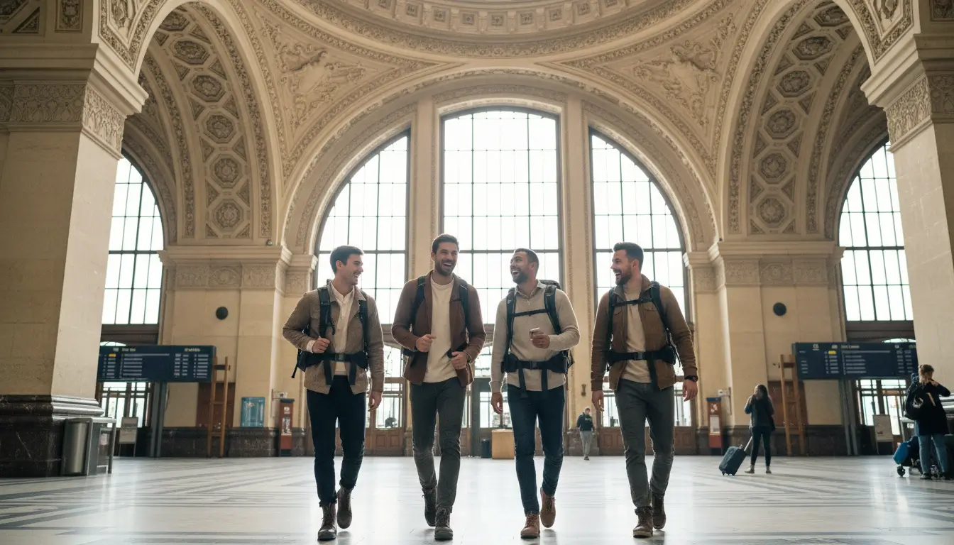 Een groepje vrienden dat met rugzakken lachend een historisch treinstation binnenloopt.