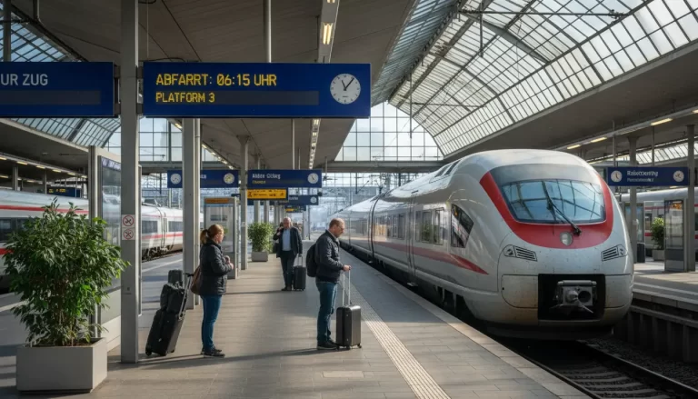 Een rustig perron van een middelgroot, schoon Duits treinstation.