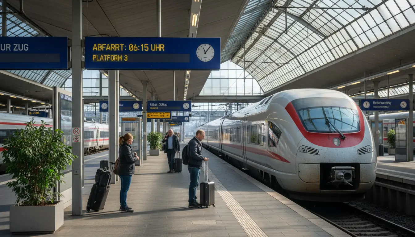 Een rustig perron van een middelgroot, schoon Duits treinstation.