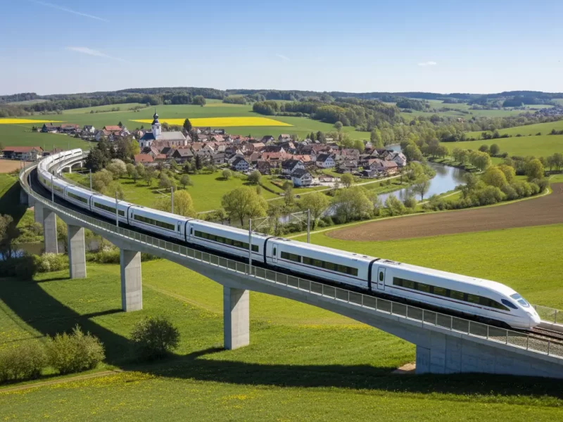 Een moderne hogesnelheidstrein (ICE) die over een viaduct rijdt.