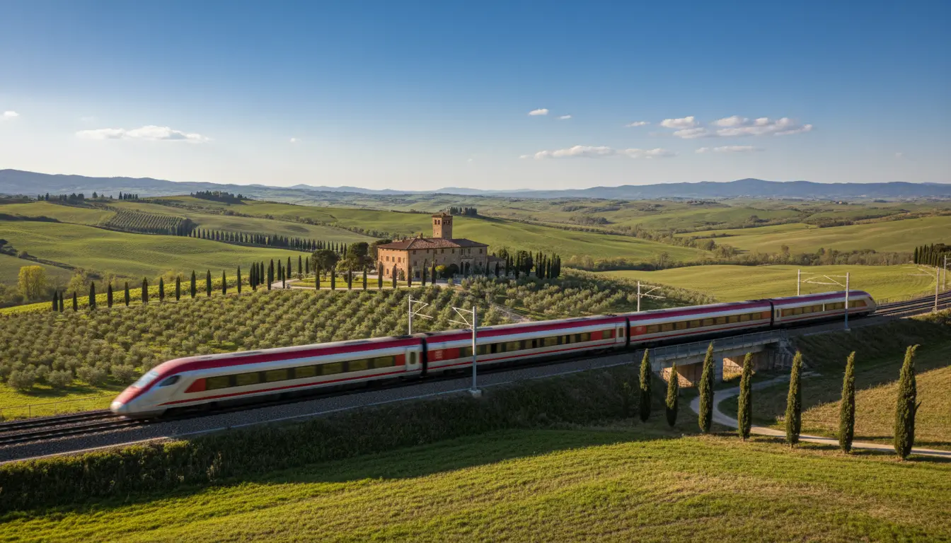 Een moderne hogesnelheidstrein (bijv. Frecciarossa) die door het landschap rijdt.