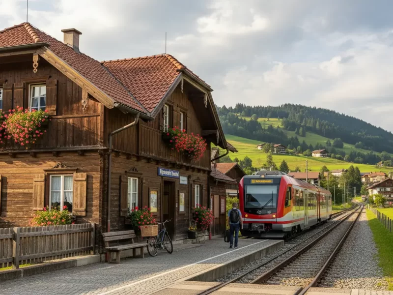 Een klein, pittoresk Oostenrijks treinstation met traditionele architectuur en bloembakken.