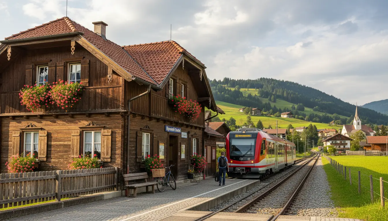 Een klein, pittoresk Oostenrijks treinstation met traditionele architectuur en bloembakken.