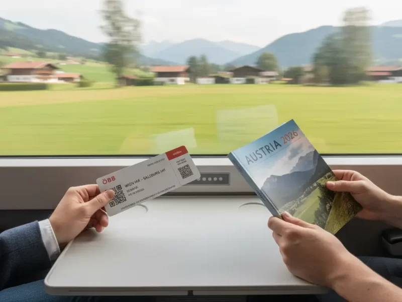 Een close-up van handen die een treinkaartje en een reisgids van Oostenrijk vasthouden.