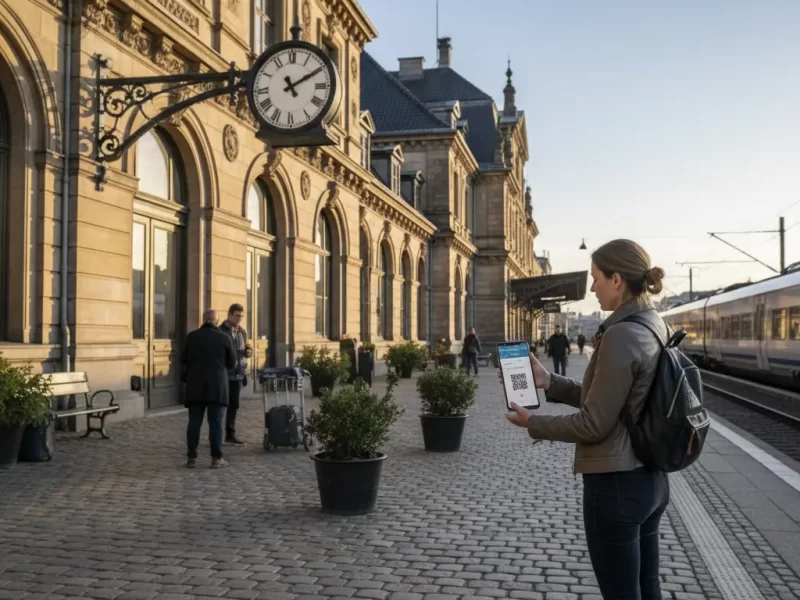 Een reiziger die de digitale treintickets op een smartphone controleert.