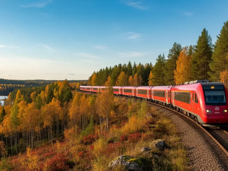 Een lange, rode passagierstrein die over een spoorlijn slingert.