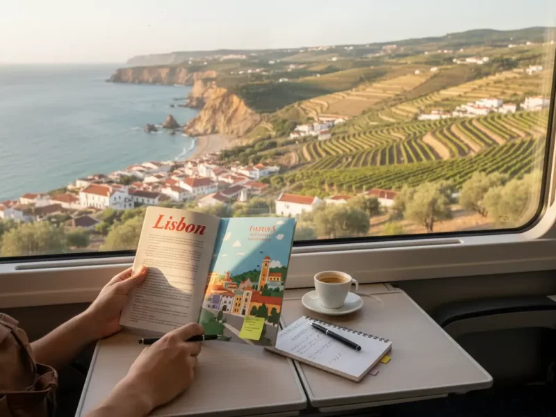 De handen van een reiziger die een reisgids en pen vasthouden