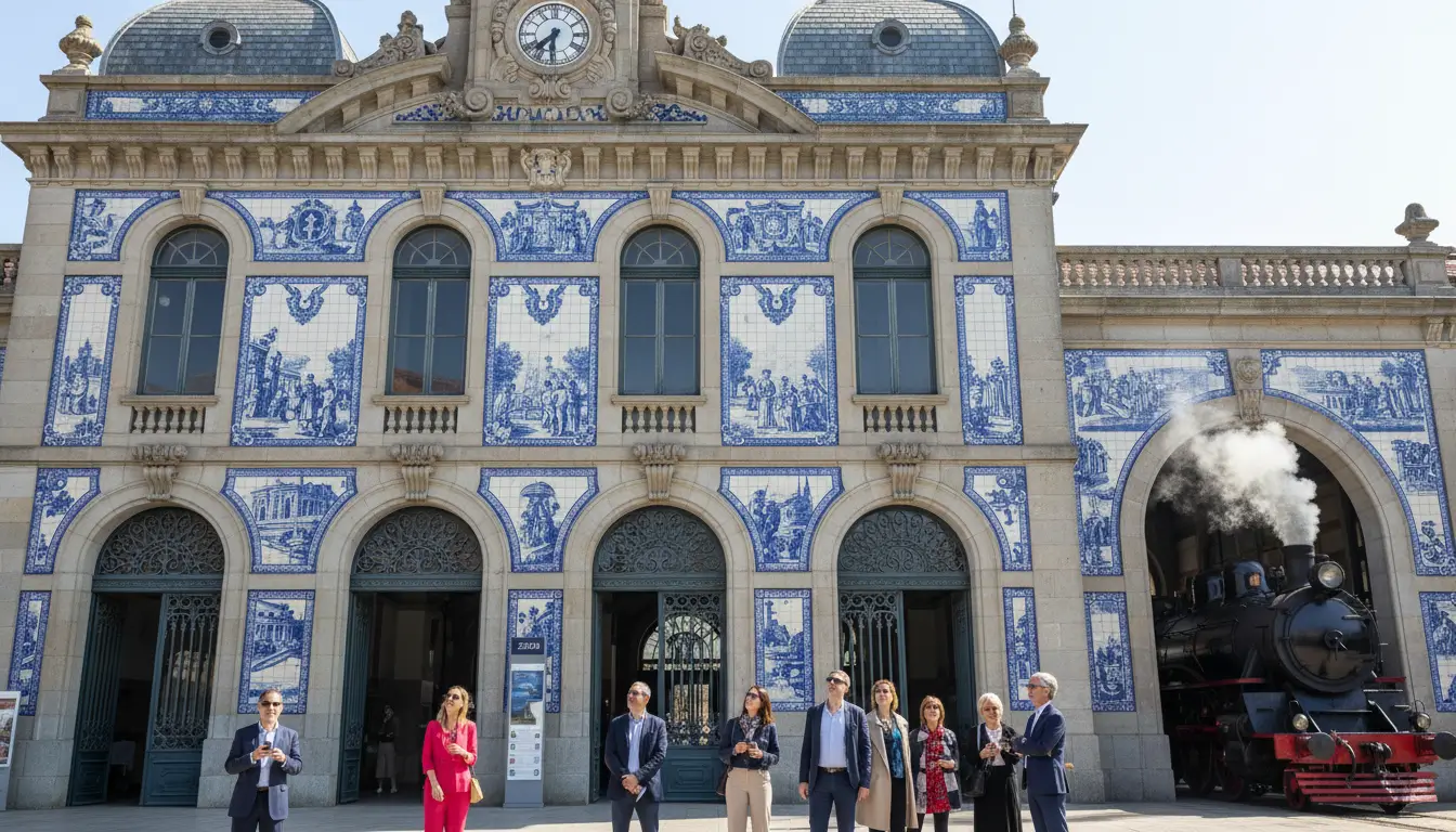 De grote, sierlijke gevel van een historisch Europees treinstation
