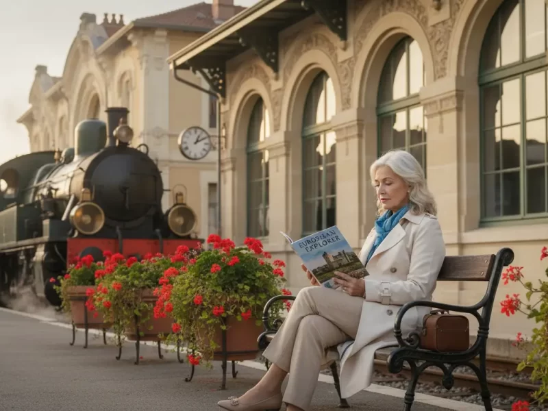 Een senior dame leest een reisgids, zittend op een bankje