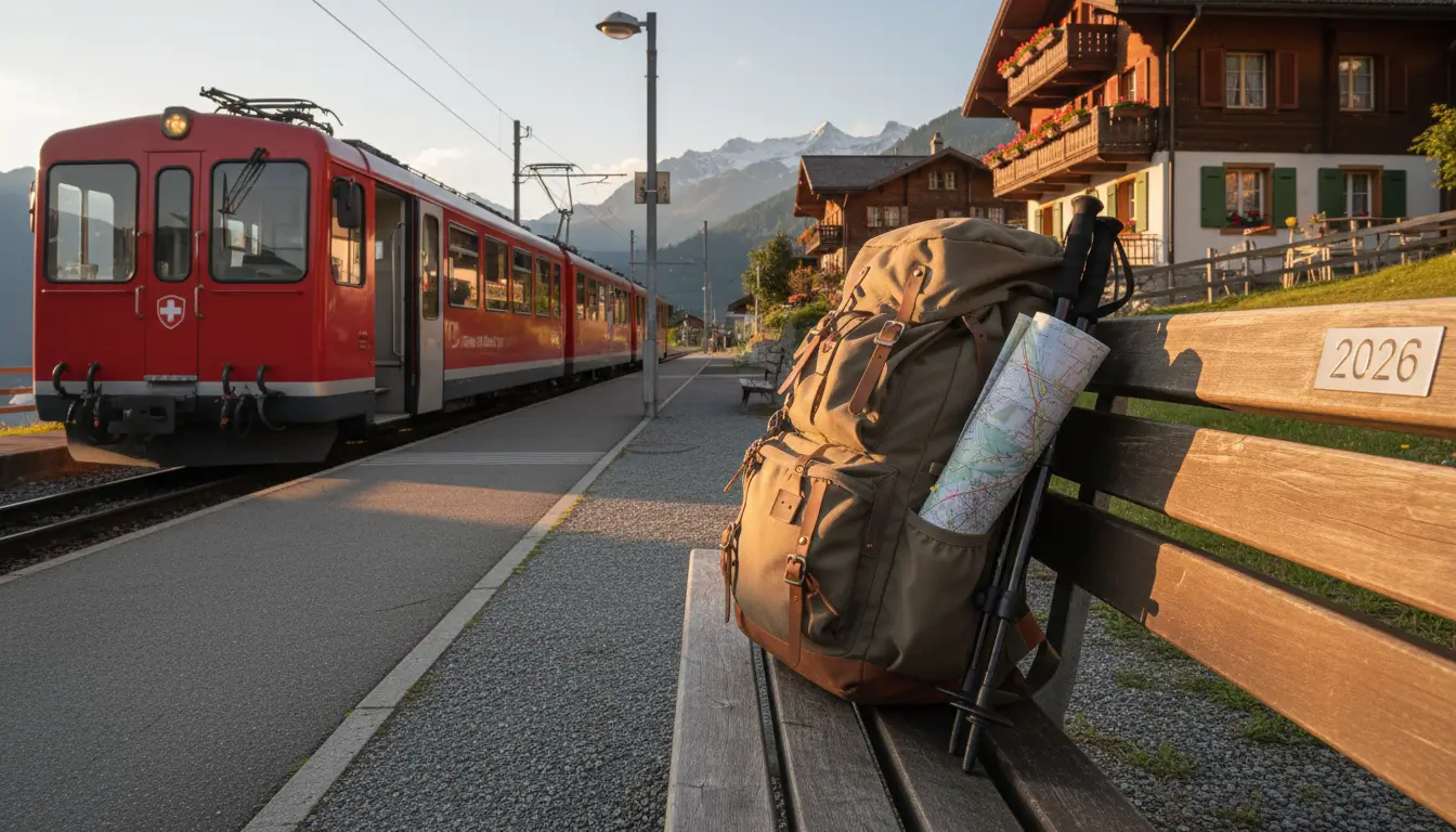 Een rugzak met wandelstokken en een kaart