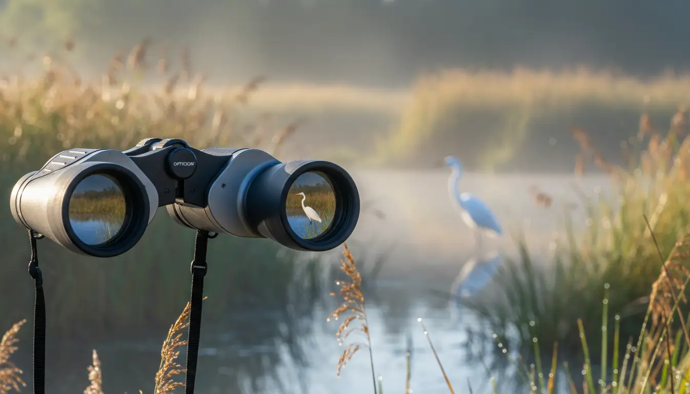 Een close-up van een hoogwaardige verrekijker, scherp gesteld op een verre vogel.