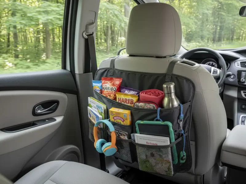 Een goed gevulde auto-organizer met snacks, een waterfles en kleine reisbenodigdheden