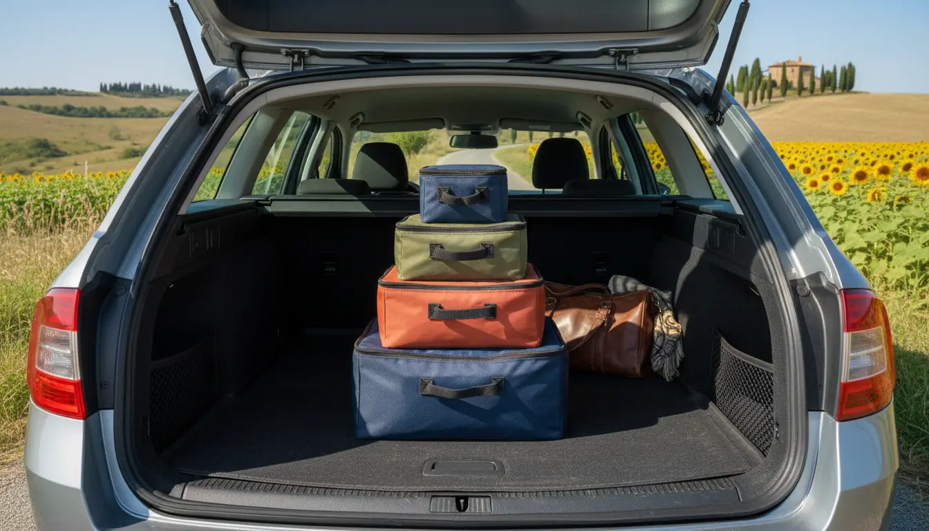 Drie gestapelde bagage organizers (packing cubes) in verschillende maten