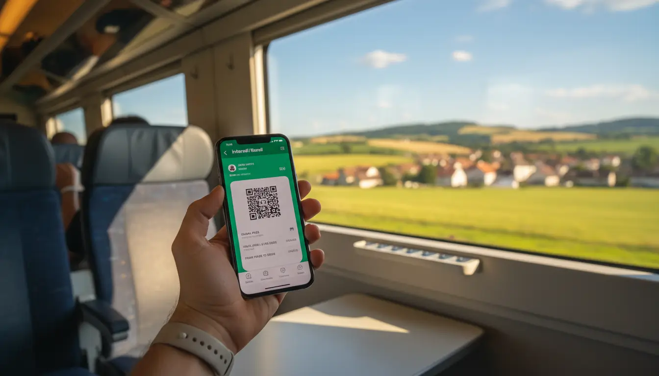 Een smartphone met de Interrail/Eurail app open, waarop een geldige treinpas te zien is.