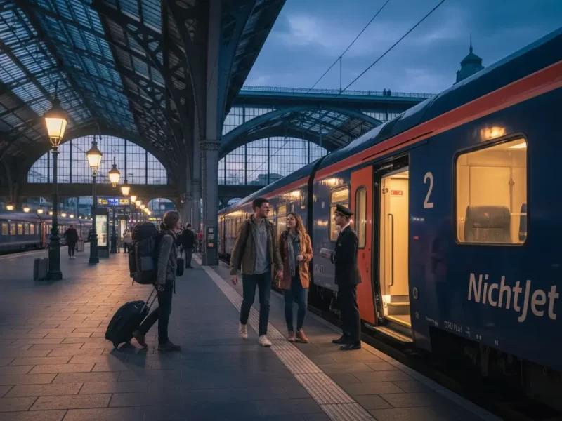 Diverse reizigers, waaronder een stel en een soloreiziger met rugzak, stappen een Nightjet treinwagon binnen.