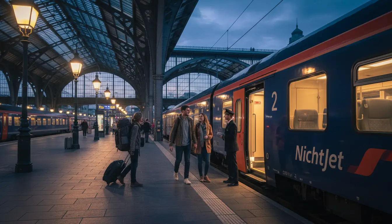 Diverse reizigers, waaronder een stel en een soloreiziger met rugzak, stappen een Nightjet treinwagon binnen.