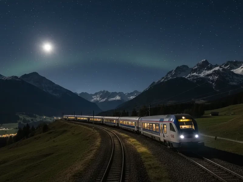 De kenmerkende blauw-witte wagons van een Nightjet trein die door de sporen slingert.