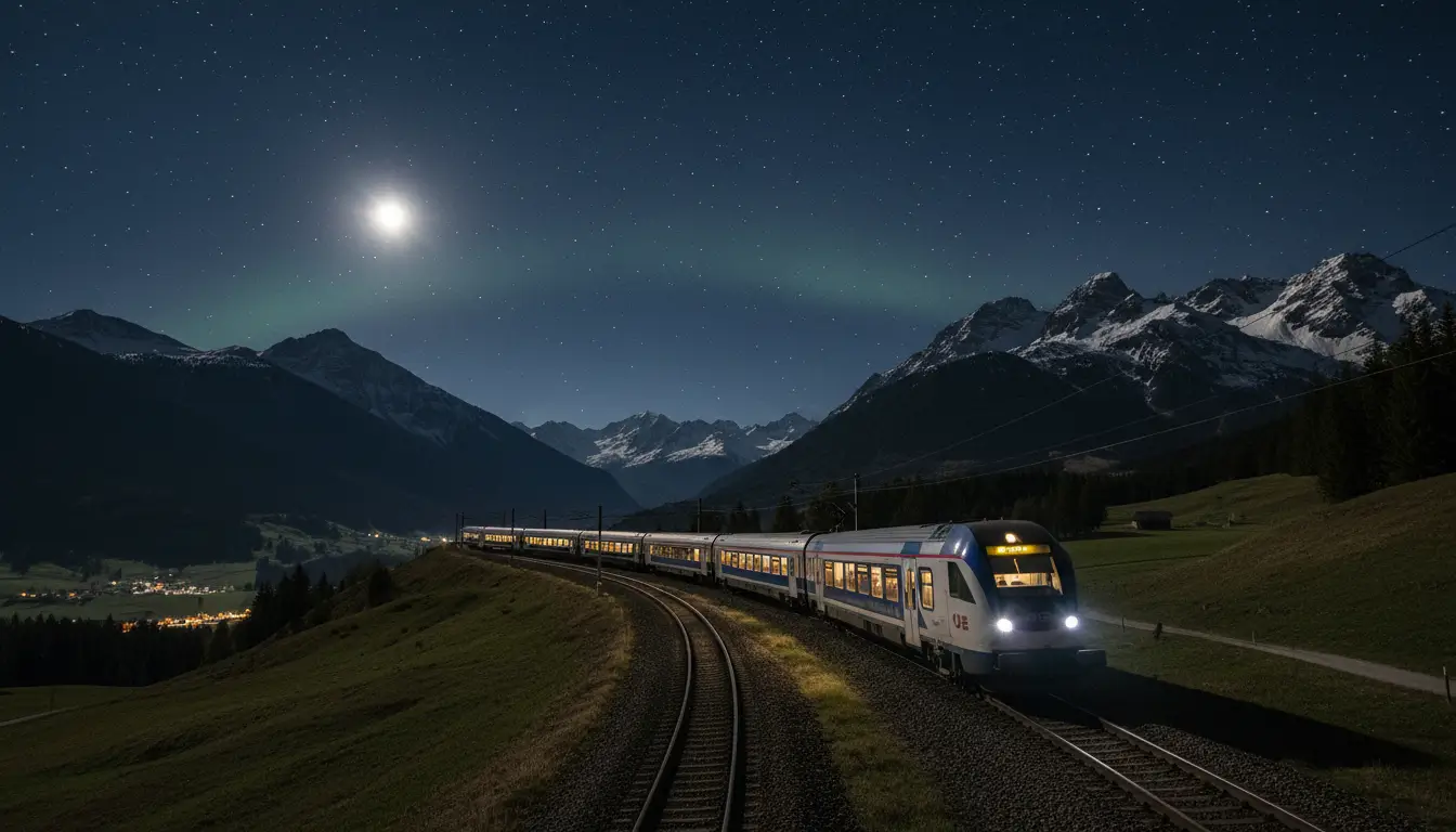 De kenmerkende blauw-witte wagons van een Nightjet trein die door de sporen slingert.