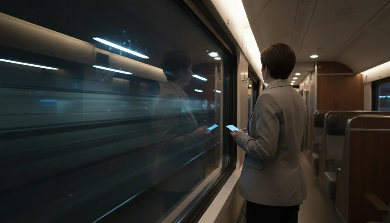 Een persoon kijkt uit een raam in de gang van een nachttrein. Hun rug is naar de kijker gericht, wat nieuwsgierigheid en anticipatie toont.