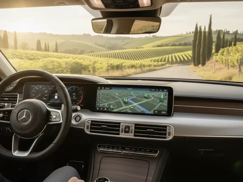 Een dashboard van een auto met een tablet of grotere smartphone die een actieve route op een navigatie-app toont