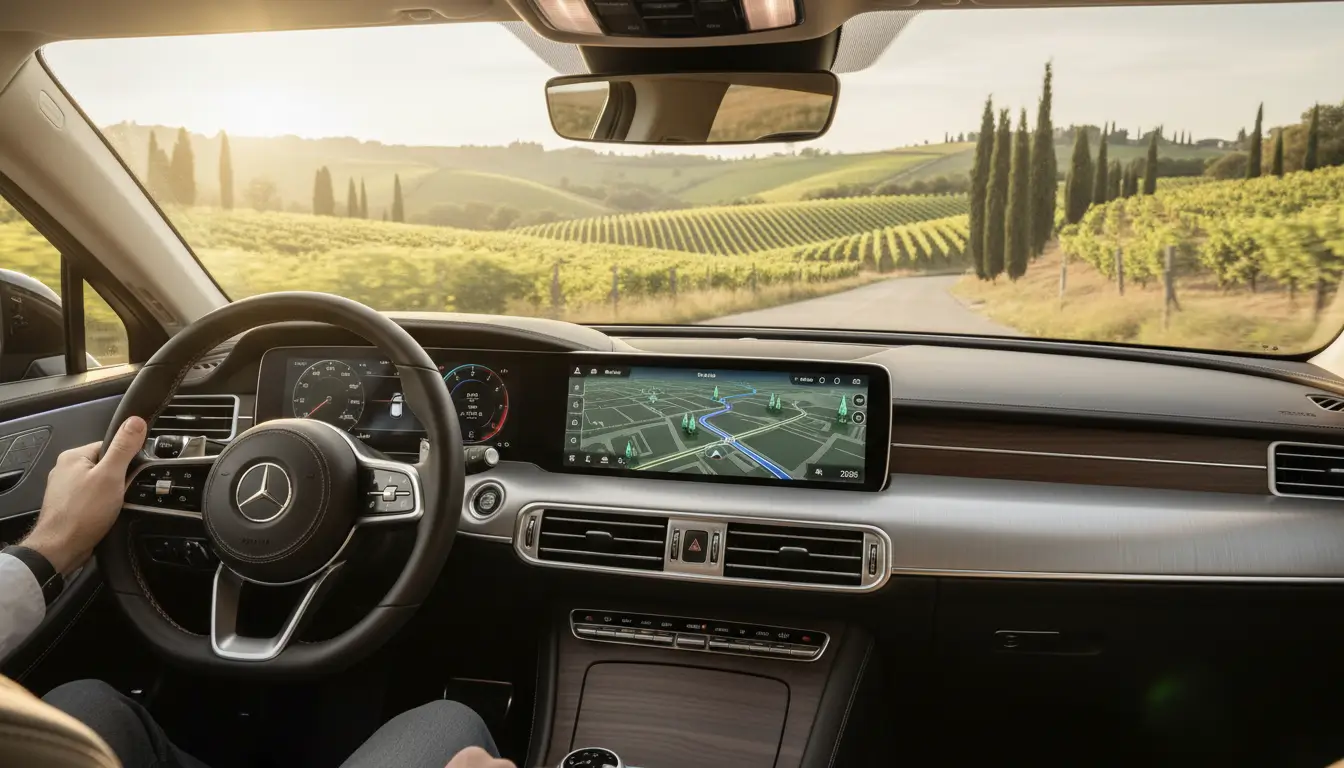 Een dashboard van een auto met een tablet of grotere smartphone die een actieve route op een navigatie-app toont