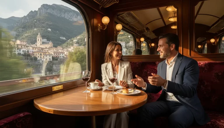 Twee reizigers in gesprek bij een tafel in een restauratiewagon.
