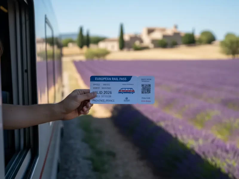 Een open hand met een Europees treinkaartje.