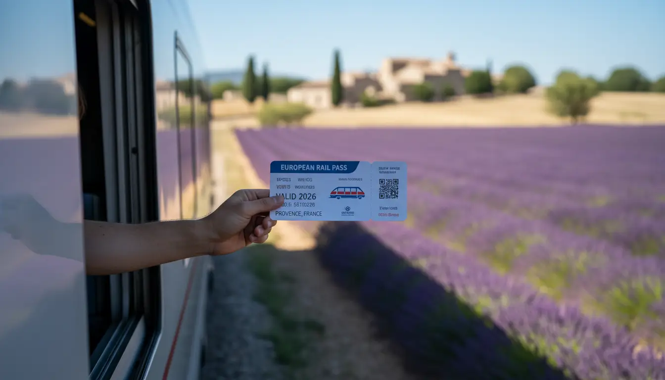 Een open hand met een Europees treinkaartje.