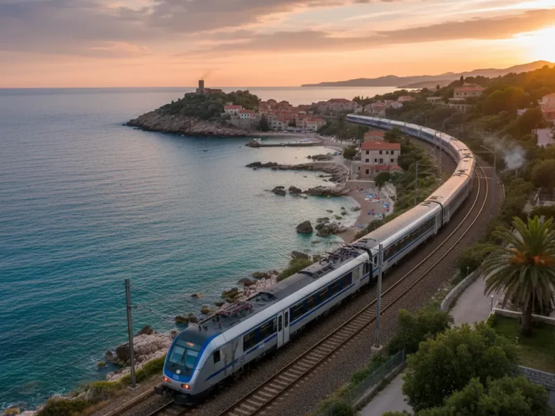 Een langeafstandstrein met meerdere wagons, gezien vanuit een iets verhoogd perspectief.