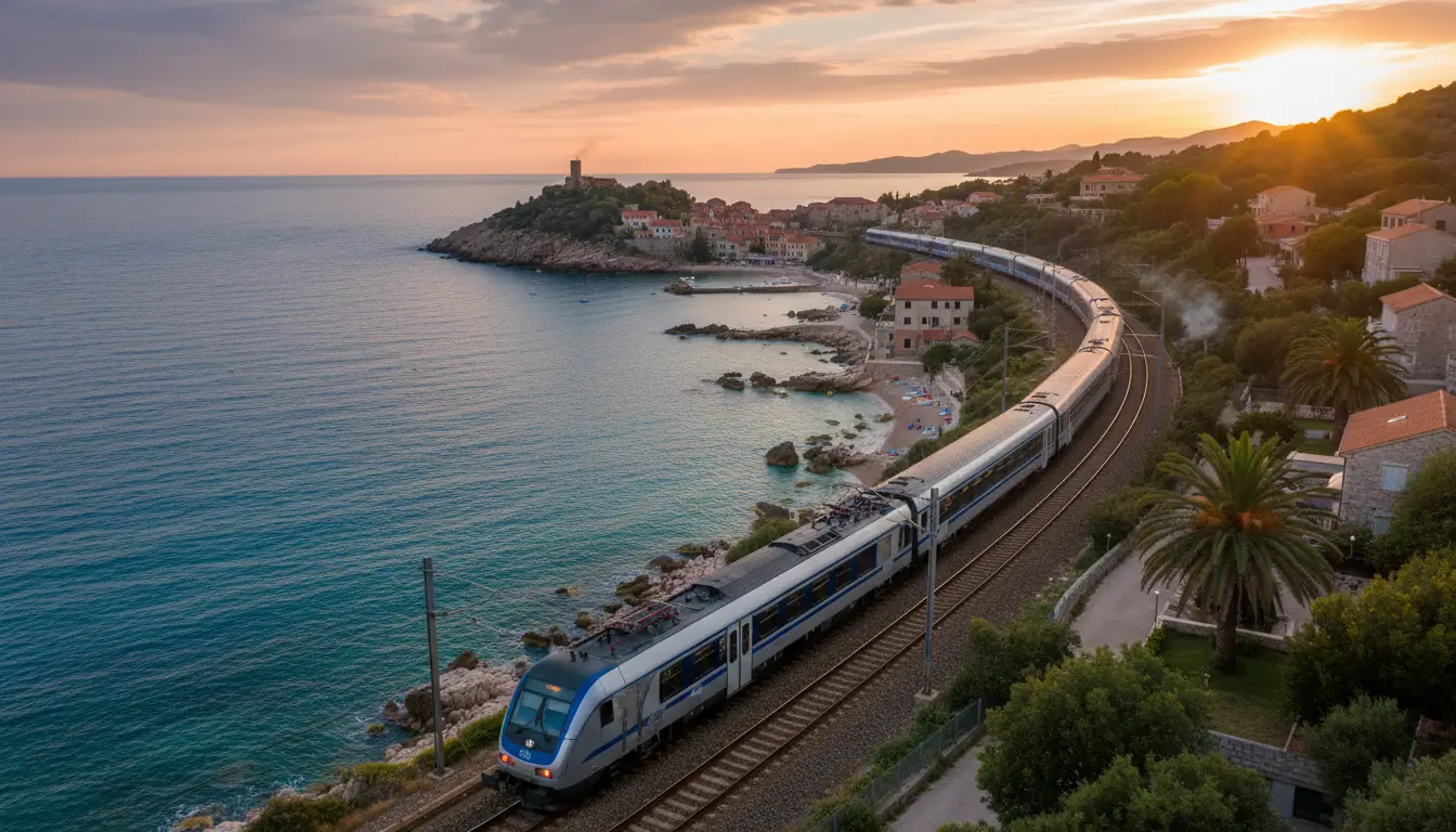 Een langeafstandstrein met meerdere wagons, gezien vanuit een iets verhoogd perspectief.