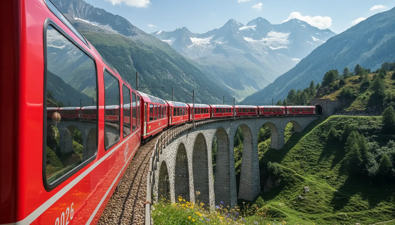 Een iconische, felrode panoramatrein (bijv. Glacier Express-stijl)