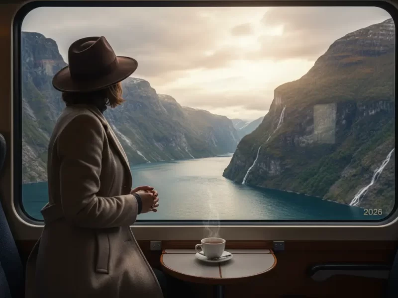 Een elegant gestyleerde reiziger die uit een panoramisch treinraam kijkt