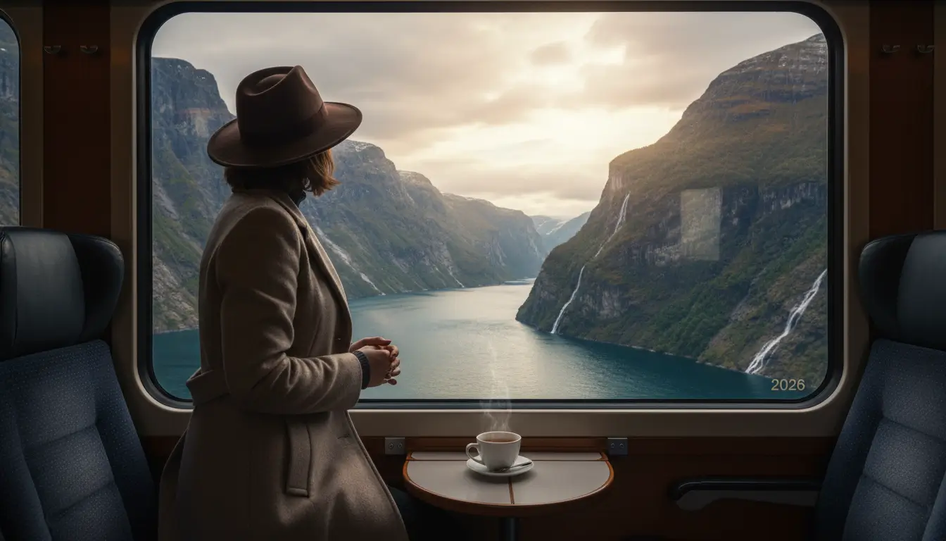 Een elegant gestyleerde reiziger die uit een panoramisch treinraam kijkt