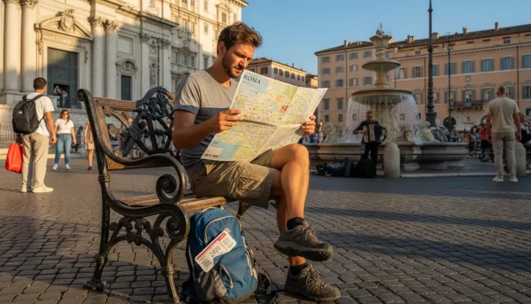 Backpacker die een stedelijke kaart bestudeert