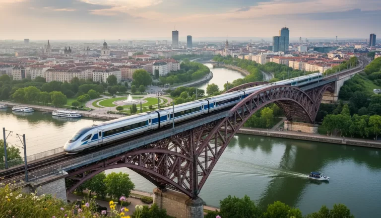 Moderne trein op een spoorbrug