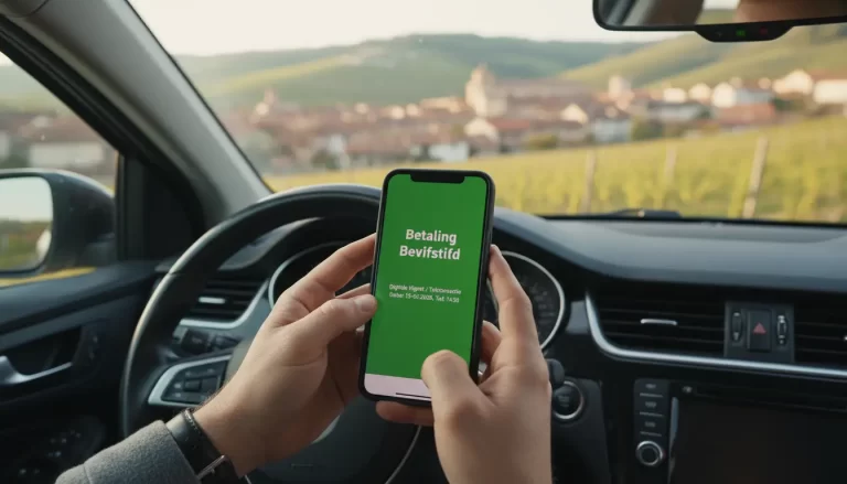 Een close-up van een smartphonescherm dat een groene 'Betaling Bevestigd'-melding toont voor een digitale vignet of een toltransactie.